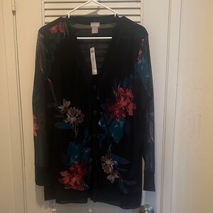 Chico's Black Sheer Floral Button Front Top with Teal & Magenta Flowers